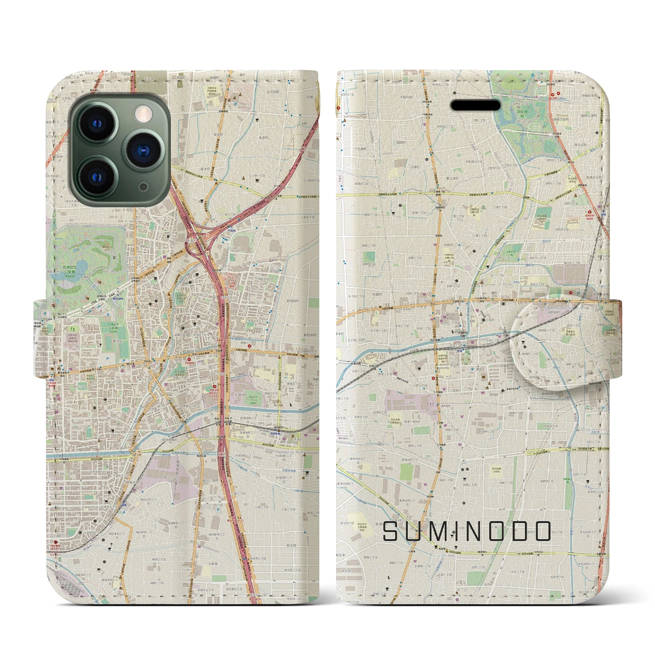 【住道(大阪府)】地図柄iPhoneケース(手帳タイプ)ナチュラル・iPhone 11 Pro 用