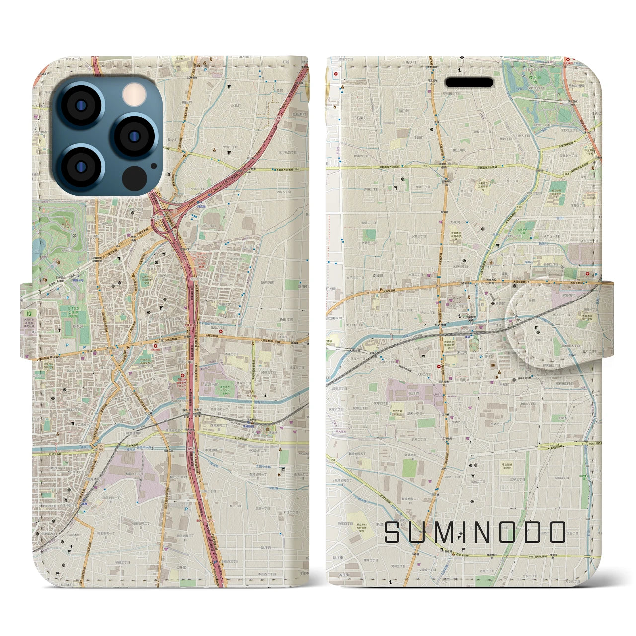 【住道(大阪府)】地図柄iPhoneケース(手帳タイプ)ナチュラル・iPhone 12 / 12 Pro 用