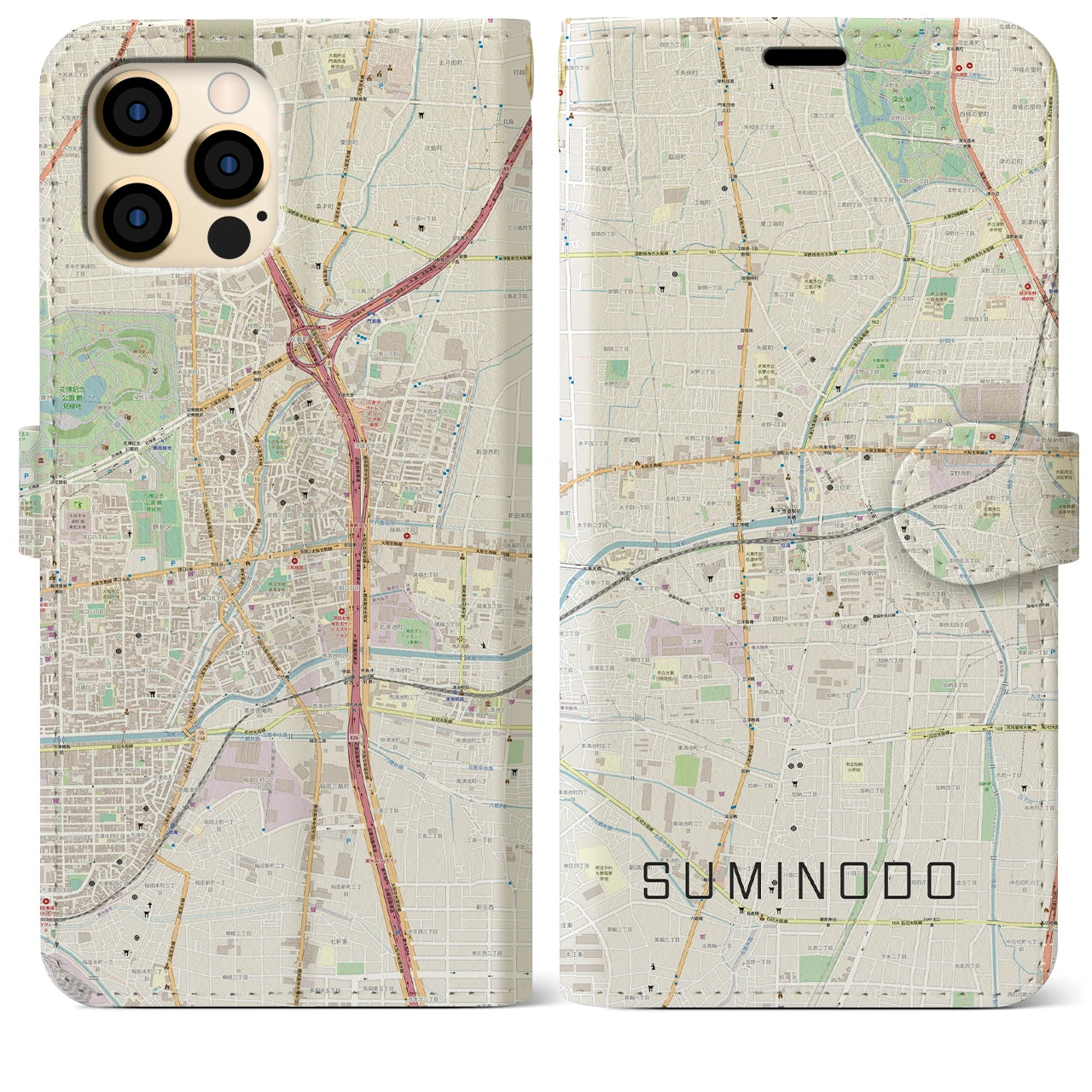 【住道(大阪府)】地図柄iPhoneケース(手帳タイプ)ナチュラル・iPhone 12 Pro Max 用