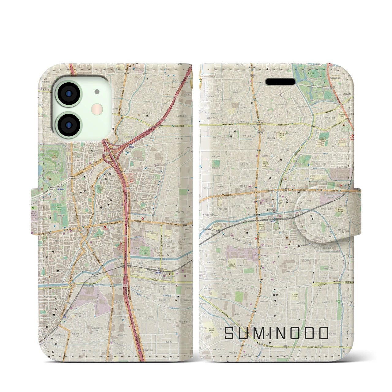 【住道(大阪府)】地図柄iPhoneケース(手帳タイプ)ナチュラル・iPhone 12 mini 用