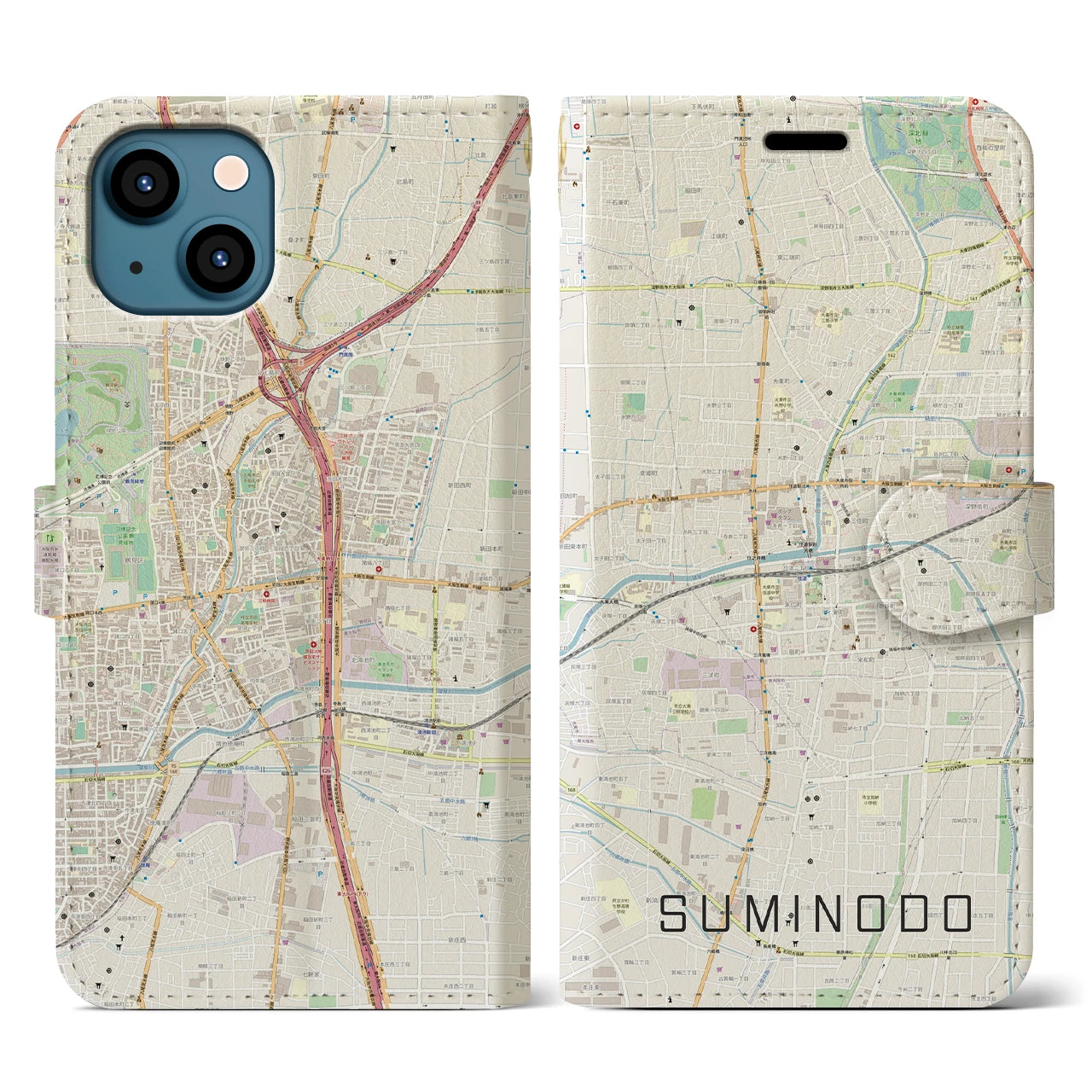 【住道(大阪府)】地図柄iPhoneケース(手帳タイプ)ナチュラル・iPhone 13 用