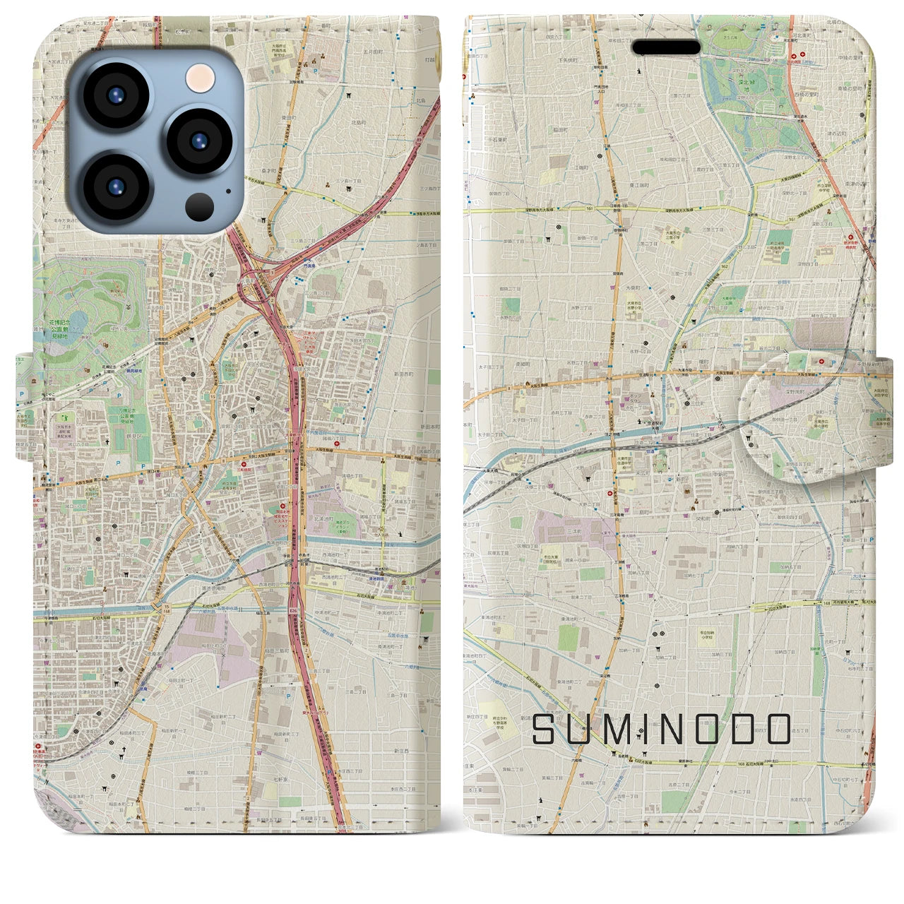 【住道(大阪府)】地図柄iPhoneケース(手帳タイプ)ナチュラル・iPhone 13 Pro Max 用