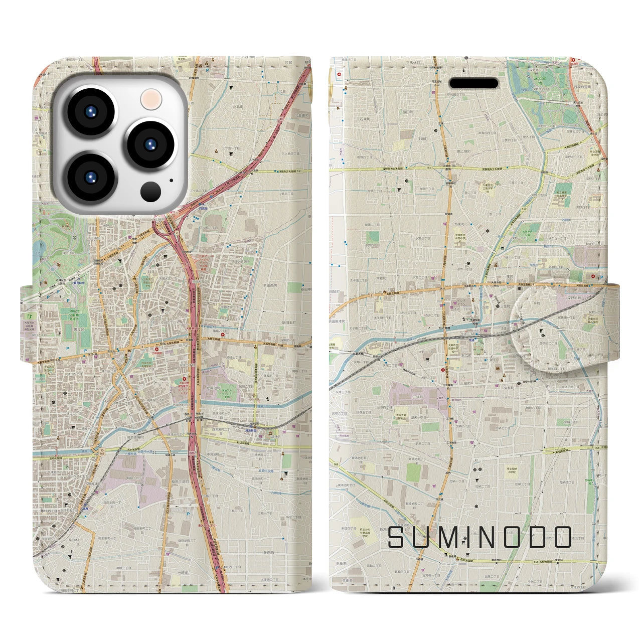 【住道(大阪府)】地図柄iPhoneケース(手帳タイプ)ナチュラル・iPhone 13 Pro 用