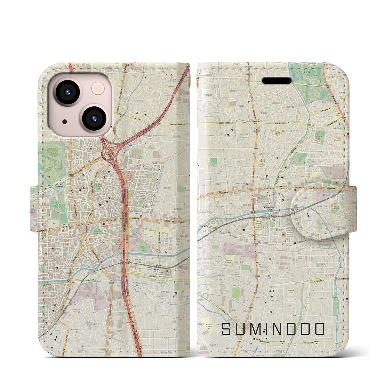 【住道(大阪府)】地図柄iPhoneケース(手帳タイプ)ナチュラル・iPhone 13 mini 用