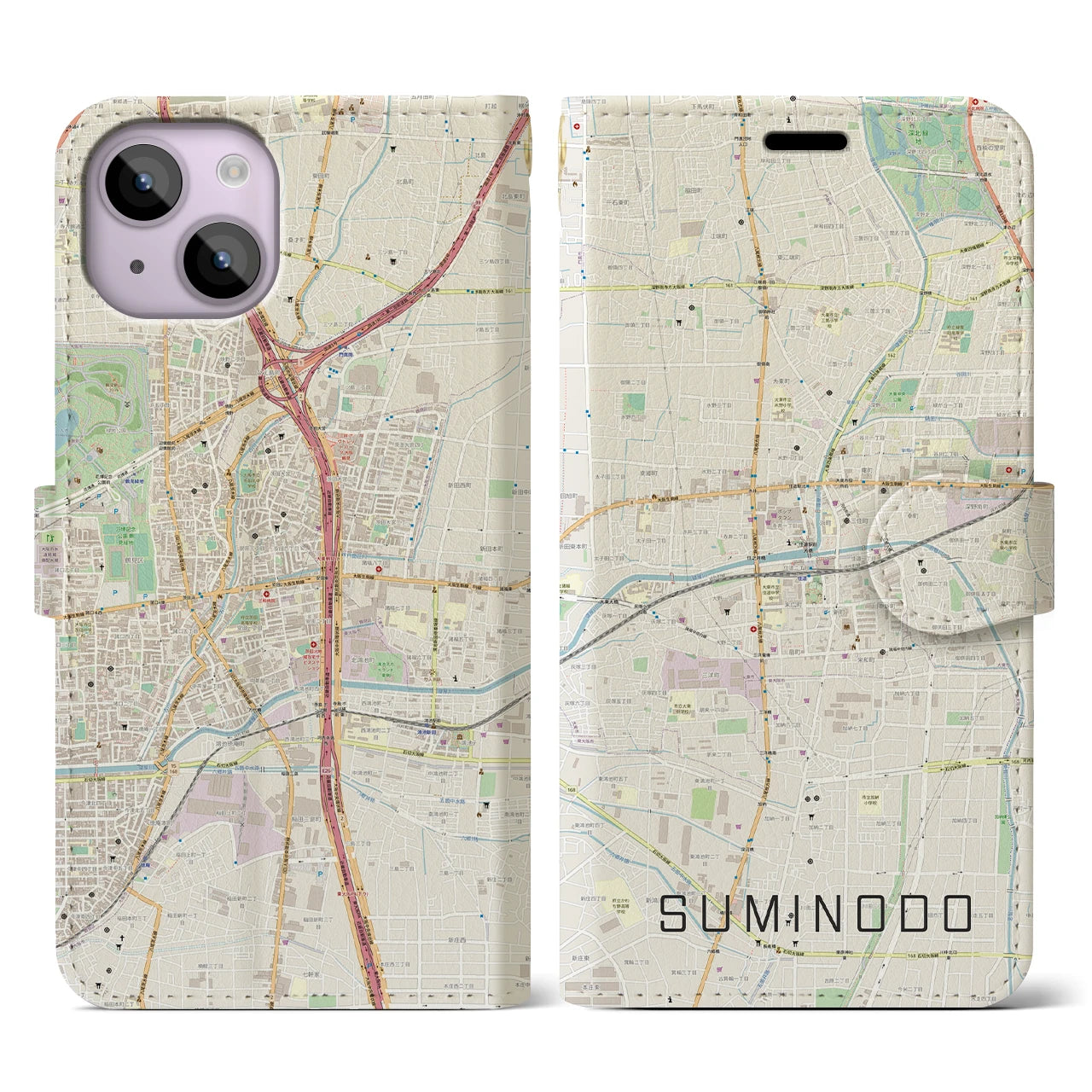 【住道(大阪府)】地図柄iPhoneケース(手帳タイプ)ナチュラル・iPhone 14 用