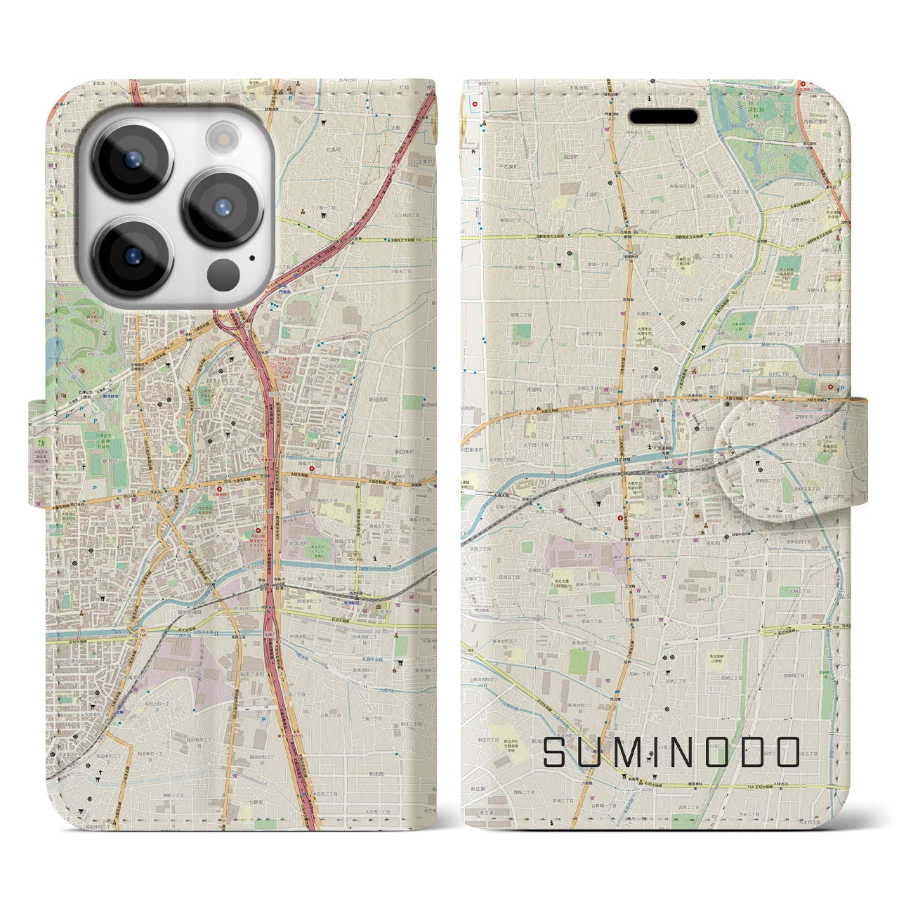 【住道(大阪府)】地図柄iPhoneケース(手帳タイプ)ナチュラル・iPhone 14 Pro 用