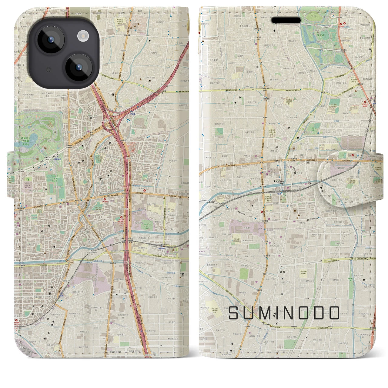 【住道(大阪府)】地図柄iPhoneケース(手帳タイプ)ナチュラル・iPhone 14 Plus 用