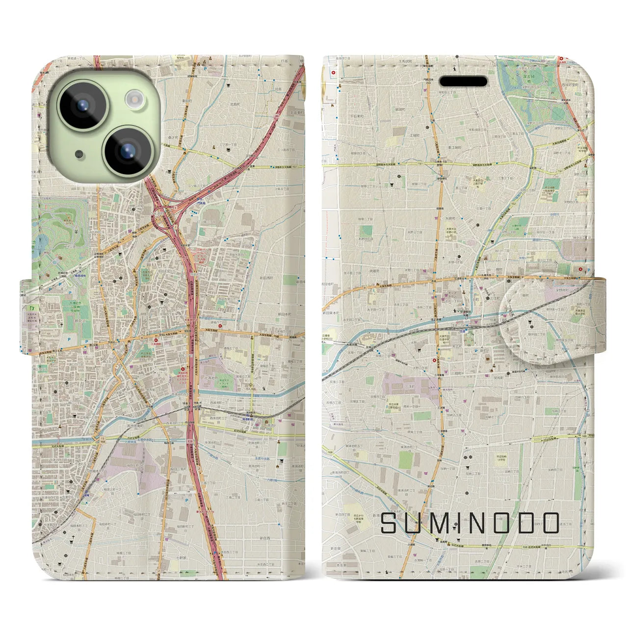 【住道(大阪府)】地図柄iPhoneケース(手帳タイプ)ナチュラル・iPhone 15 用