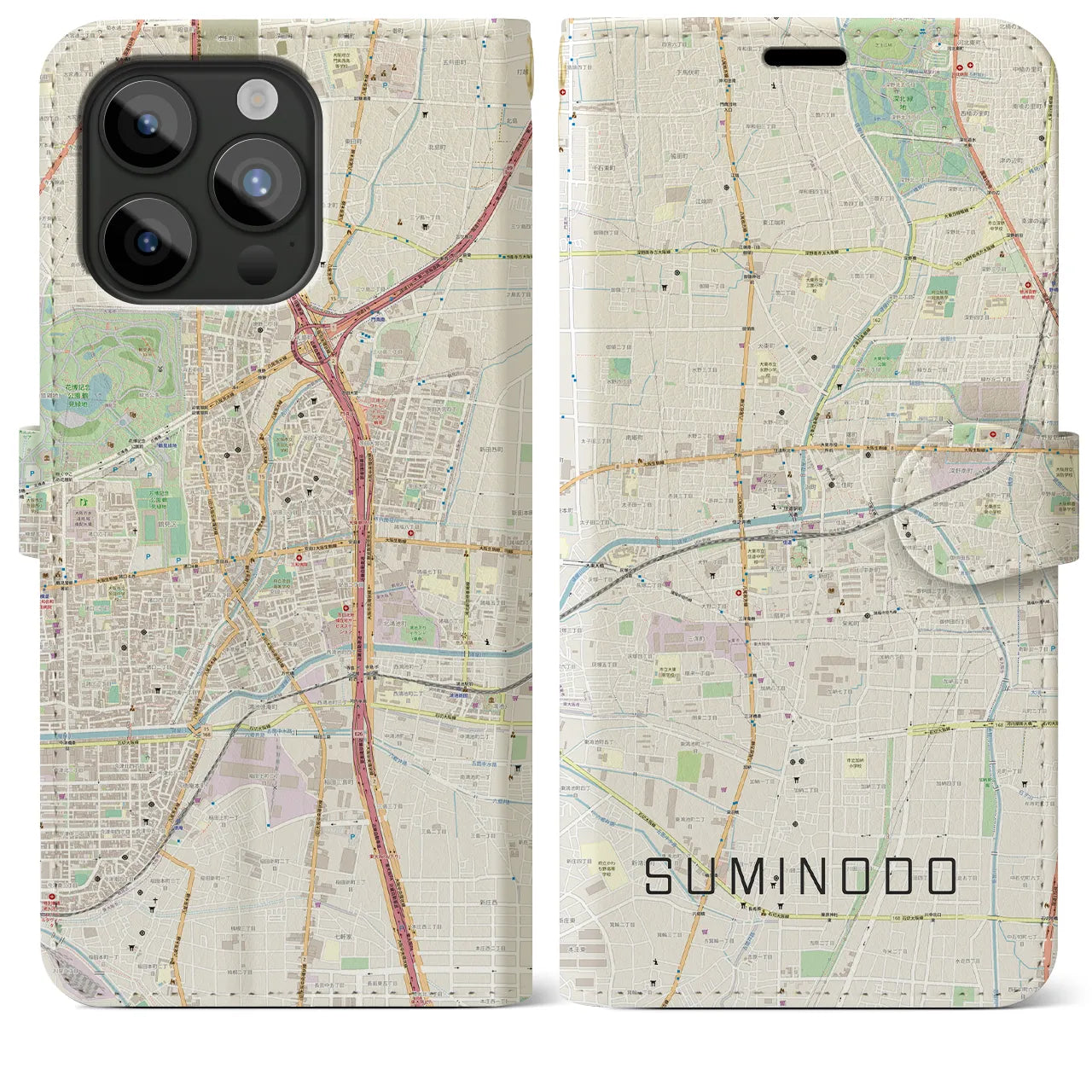 【住道(大阪府)】地図柄iPhoneケース(手帳タイプ)ナチュラル・iPhone 15 Pro Max 用