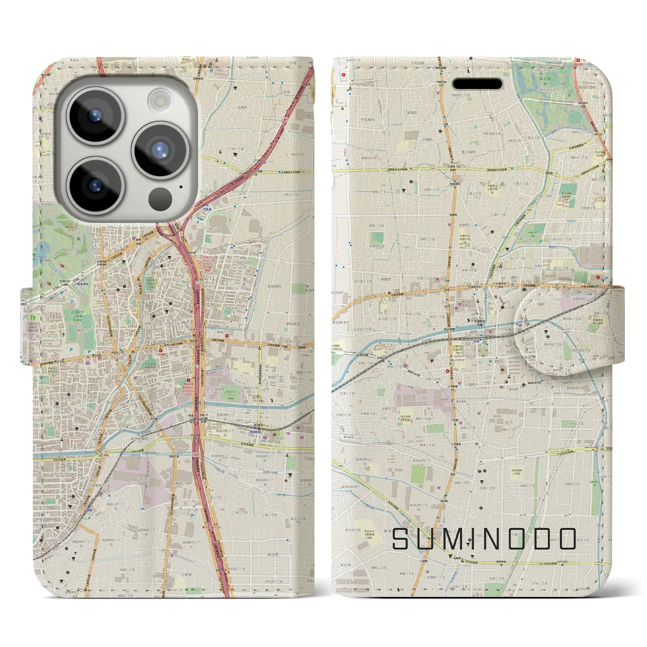 【住道(大阪府)】地図柄iPhoneケース(手帳タイプ)ナチュラル・iPhone 15 Pro 用