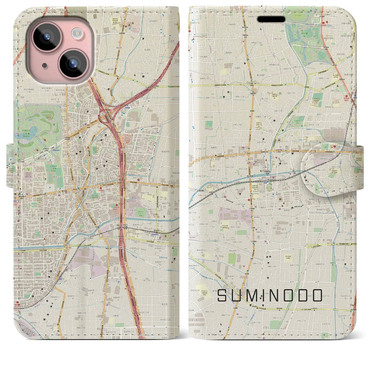 【住道(大阪府)】地図柄iPhoneケース(手帳タイプ)ナチュラル・iPhone 15 Plus 用