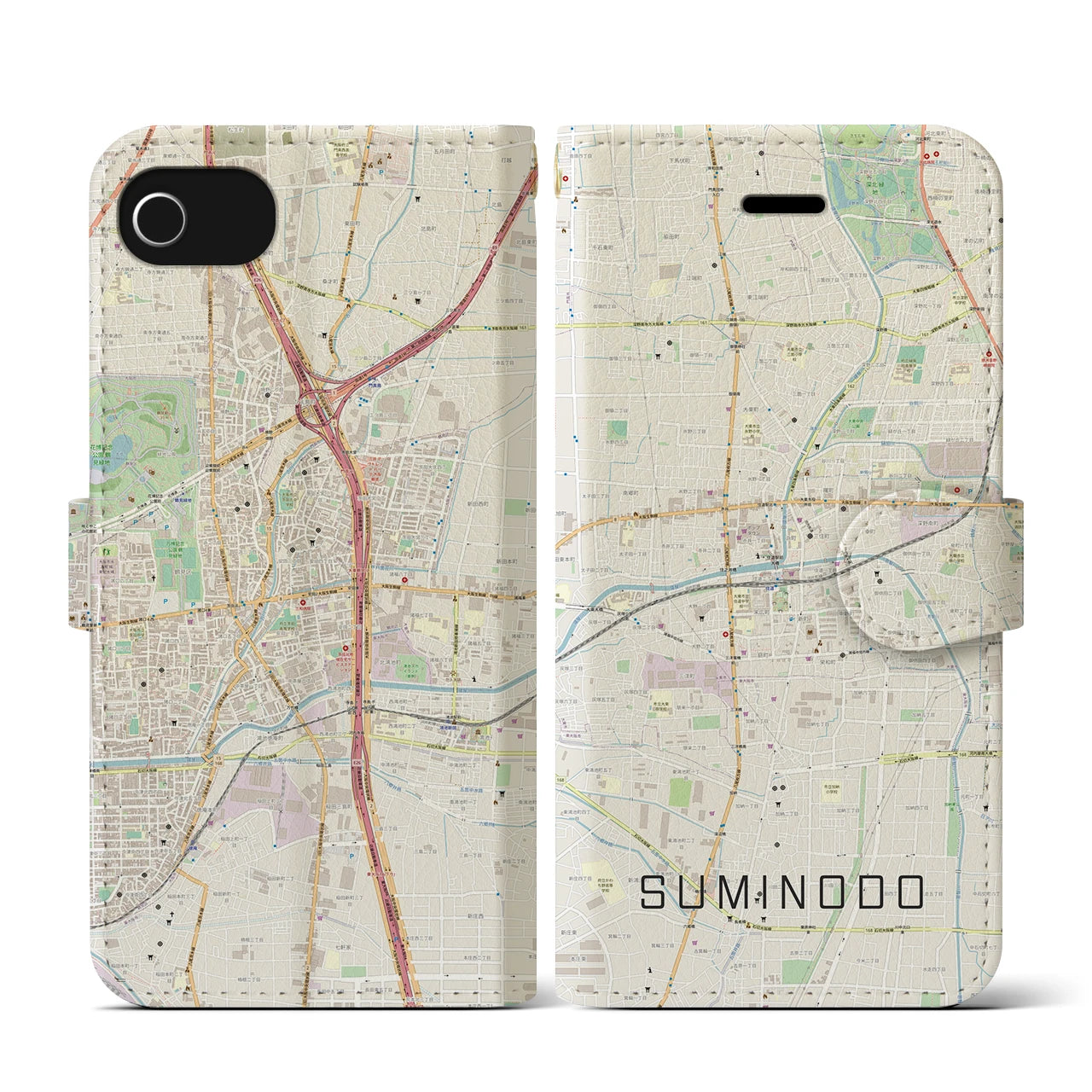 【住道(大阪府)】地図柄iPhoneケース(手帳タイプ)ナチュラル・iPhone SE(第3 / 第2世代) / 8 / 7 / 6s / 6 用