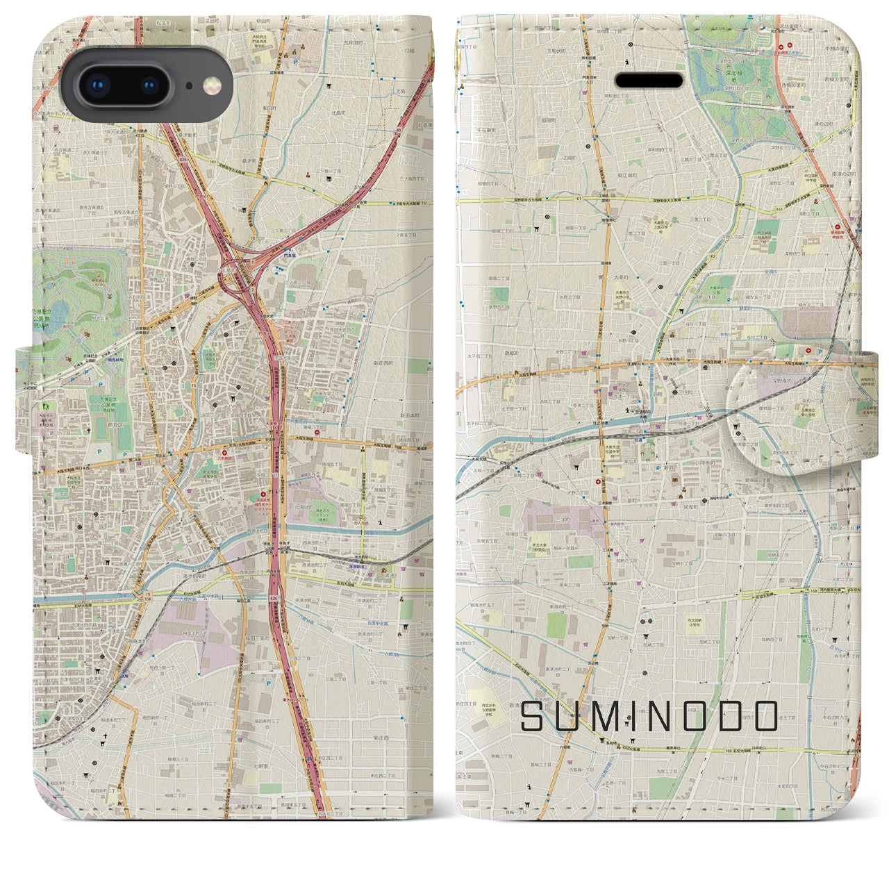 【住道(大阪府)】地図柄iPhoneケース(手帳タイプ)ナチュラル・iPhone 8Plus /7Plus / 6sPlus / 6Plus 用