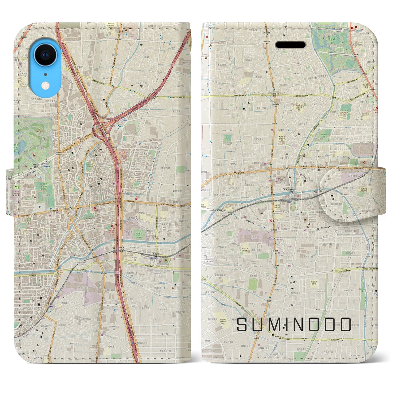 【住道(大阪府)】地図柄iPhoneケース(手帳タイプ)ナチュラル・iPhone XR 用