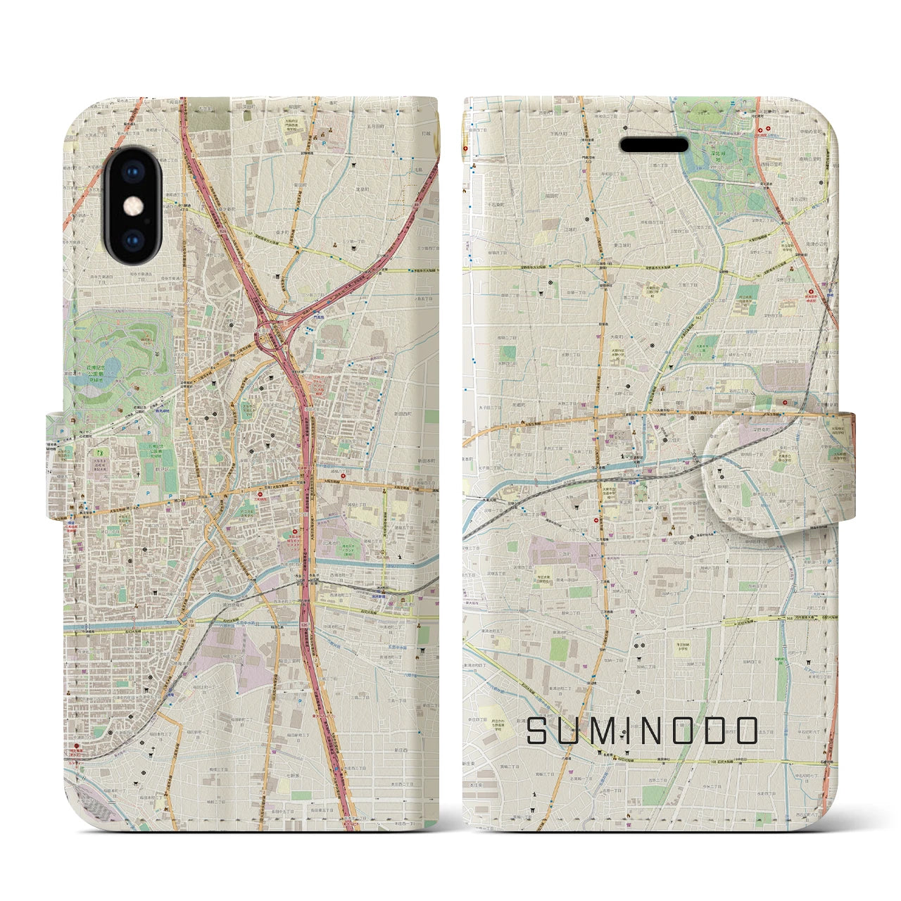 【住道(大阪府)】地図柄iPhoneケース(手帳タイプ)ナチュラル・iPhone XS / X 用