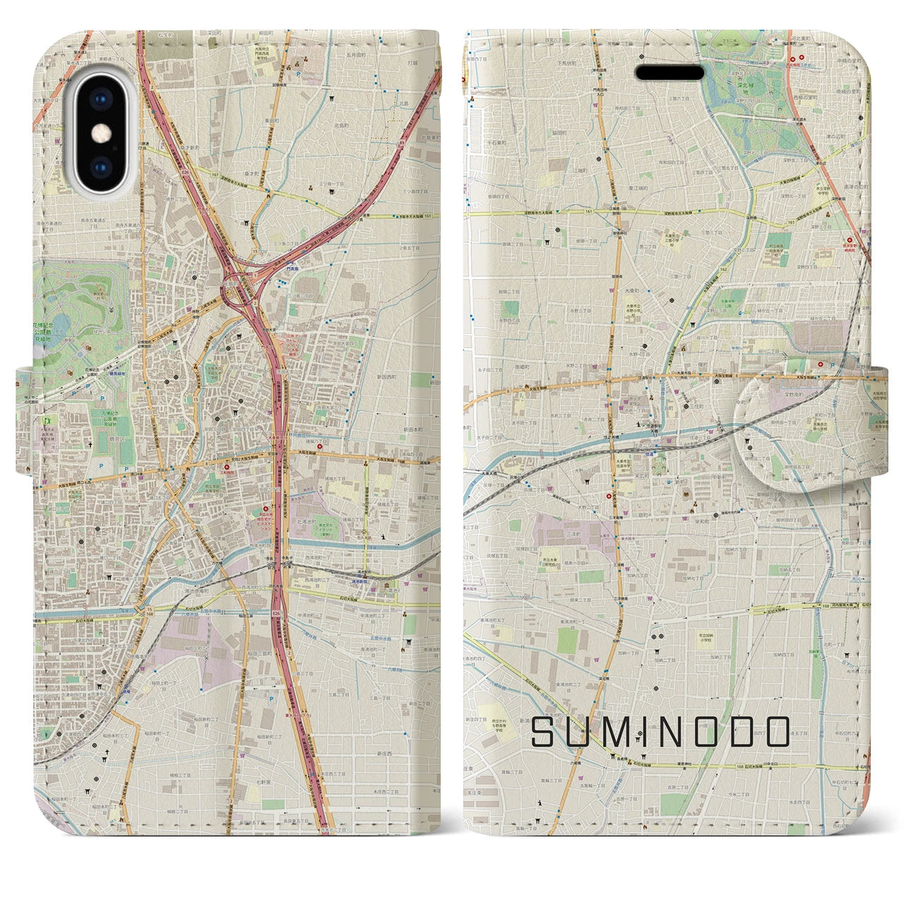 【住道(大阪府)】地図柄iPhoneケース(手帳タイプ)ナチュラル・iPhone XS Max 用