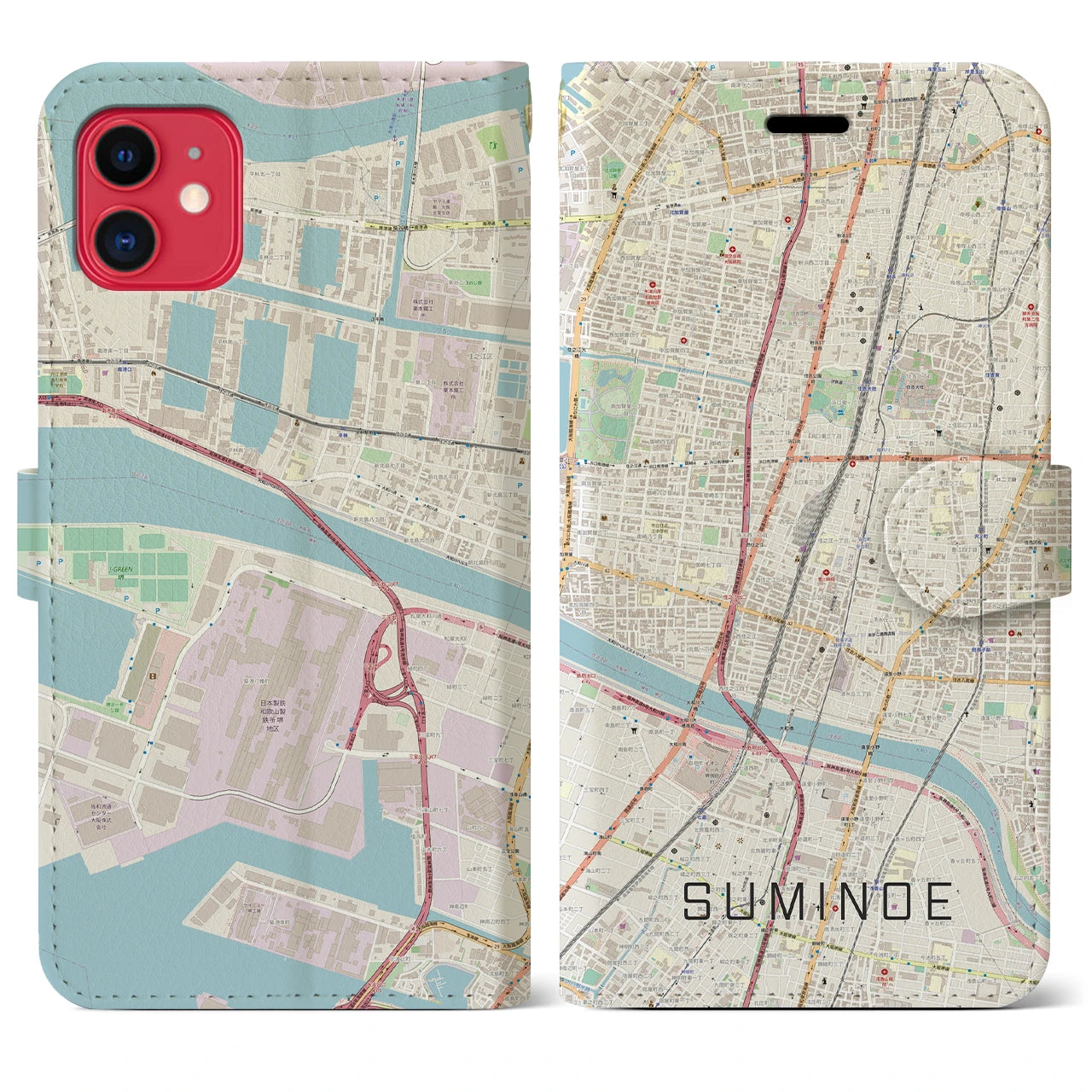【住之江(大阪府)】地図柄iPhoneケース(手帳タイプ)ナチュラル・iPhone 11 用