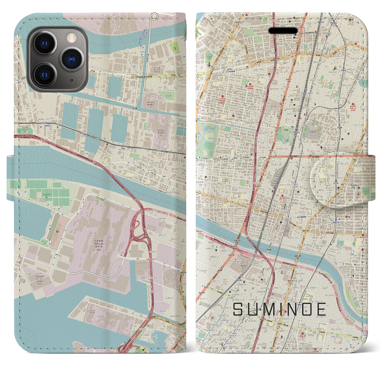 【住之江(大阪府)】地図柄iPhoneケース(手帳タイプ)ナチュラル・iPhone 11 Pro Max 用