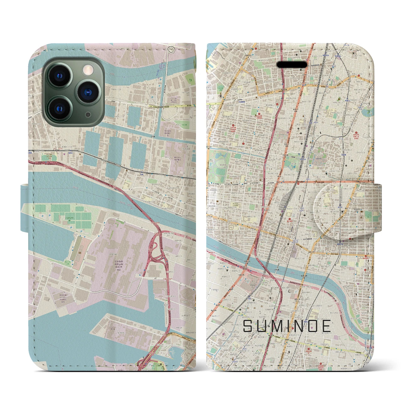 【住之江(大阪府)】地図柄iPhoneケース(手帳タイプ)ナチュラル・iPhone 11 Pro 用