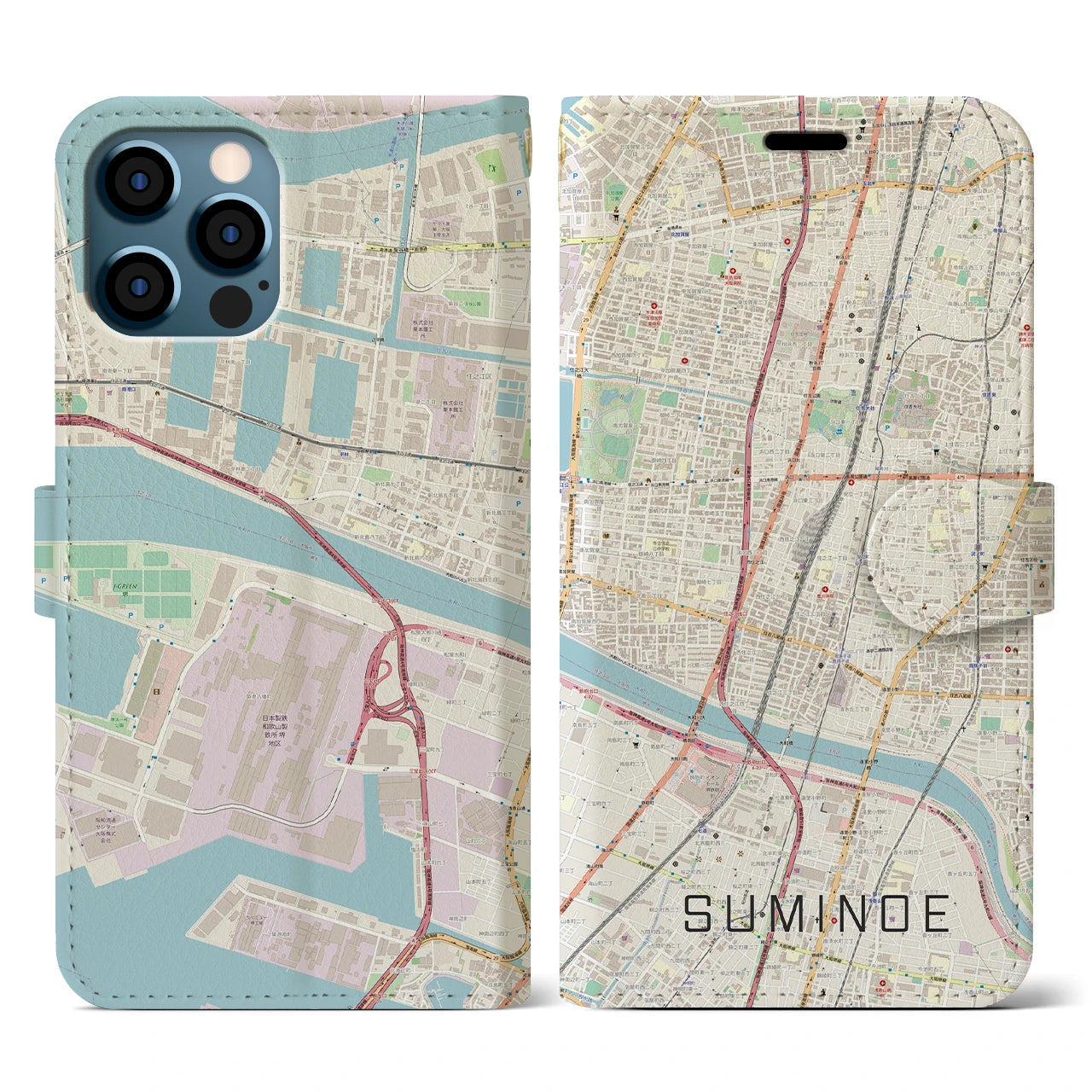 【住之江(大阪府)】地図柄iPhoneケース(手帳タイプ)ナチュラル・iPhone 12 / 12 Pro 用