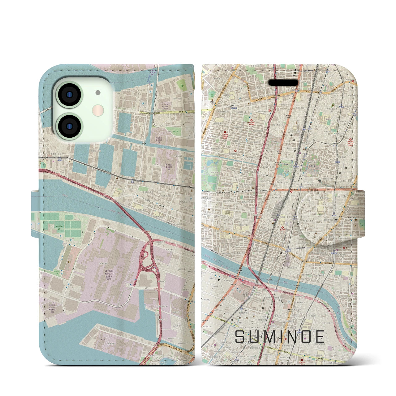 【住之江(大阪府)】地図柄iPhoneケース(手帳タイプ)ナチュラル・iPhone 12 mini 用