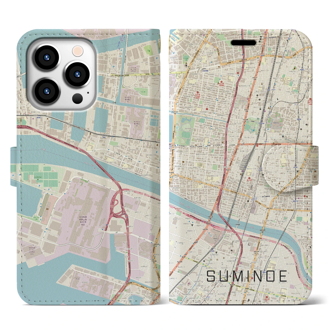 【住之江(大阪府)】地図柄iPhoneケース(手帳タイプ)ナチュラル・iPhone 13 Pro 用