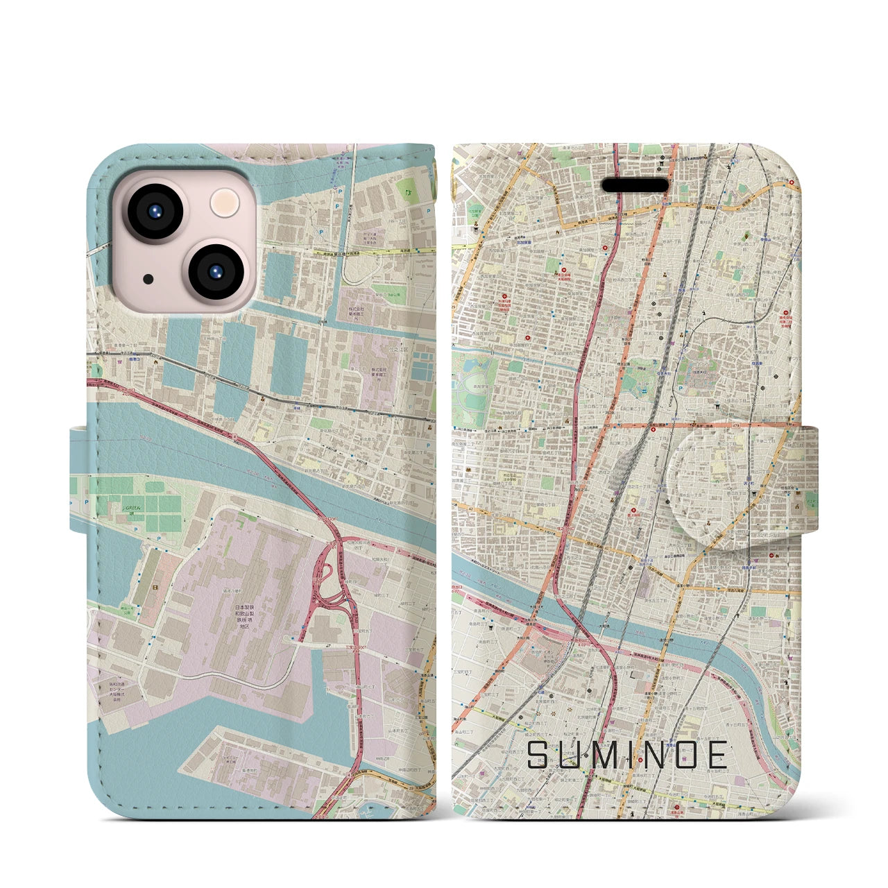 【住之江(大阪府)】地図柄iPhoneケース(手帳タイプ)ナチュラル・iPhone 13 mini 用