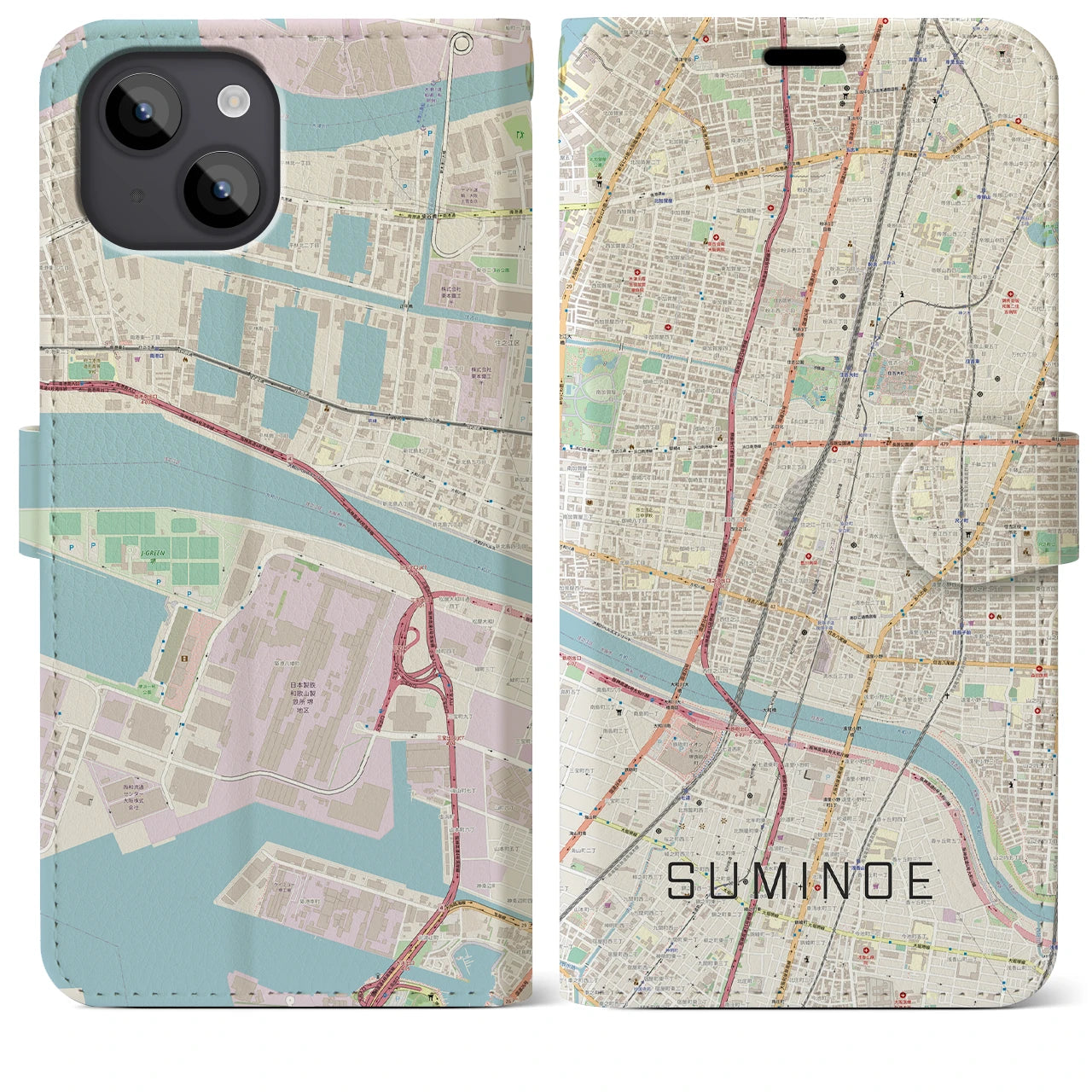 【住之江(大阪府)】地図柄iPhoneケース(手帳タイプ)ナチュラル・iPhone 14 Plus 用