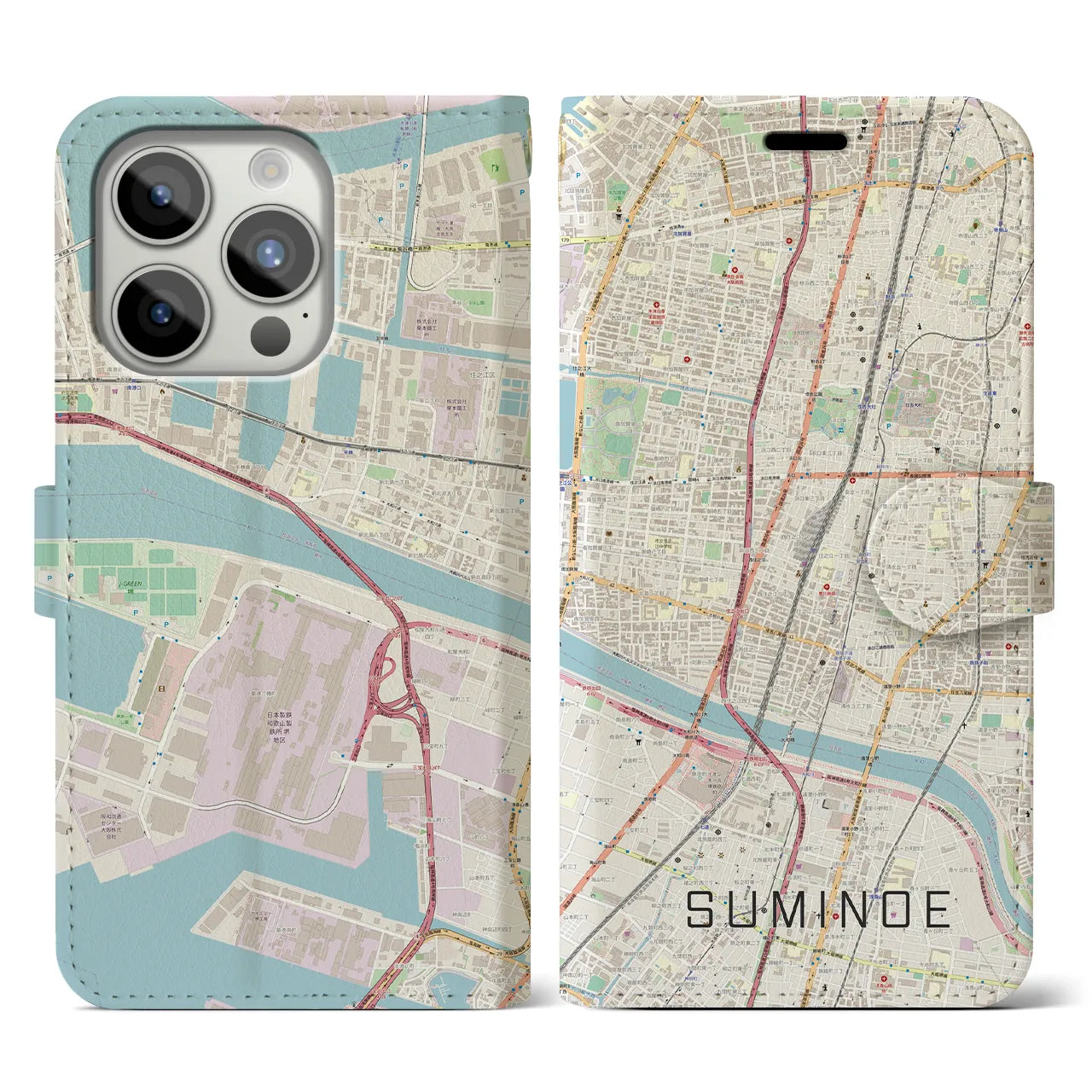 【住之江(大阪府)】地図柄iPhoneケース(手帳タイプ)ナチュラル・iPhone 15 Pro 用