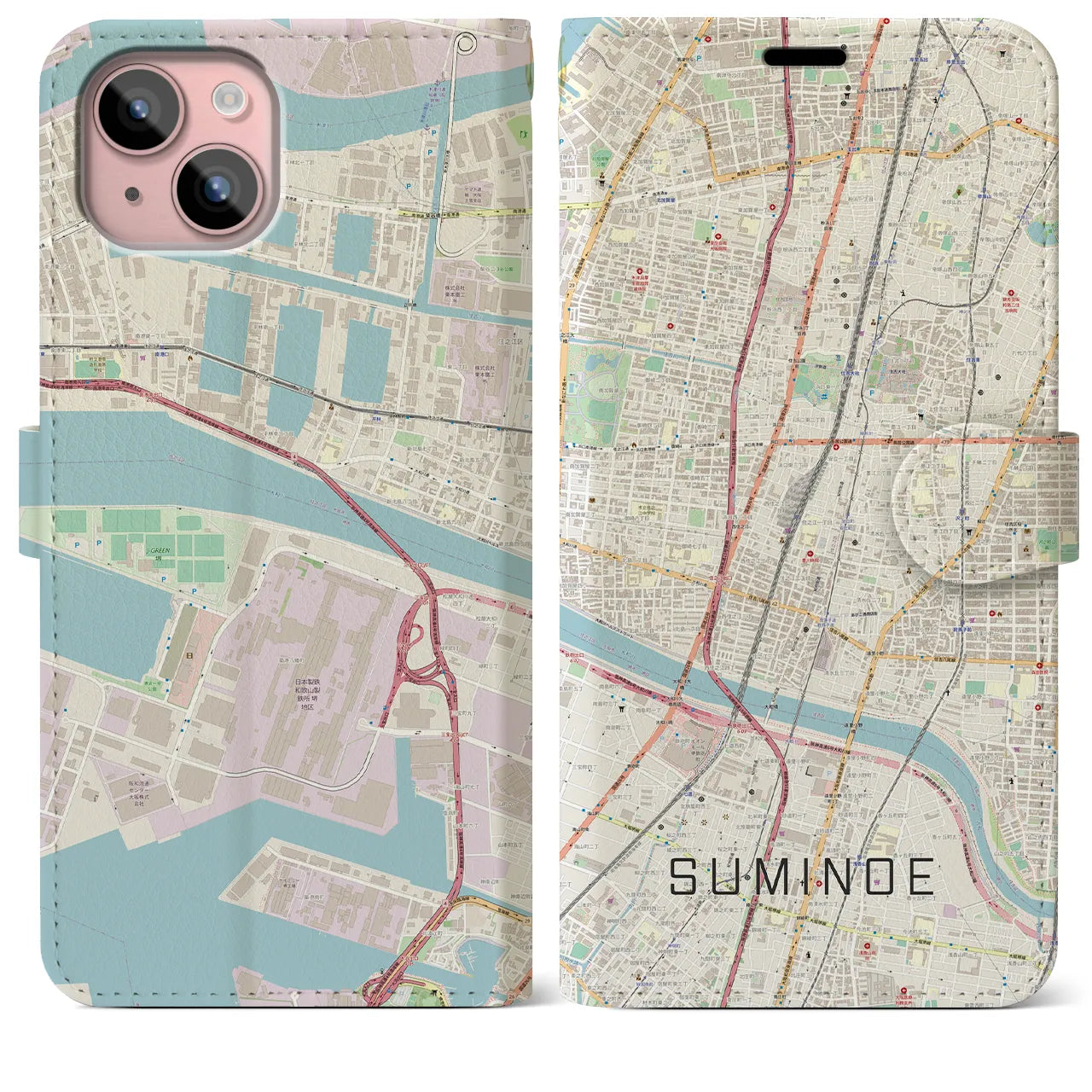 【住之江(大阪府)】地図柄iPhoneケース(手帳タイプ)ナチュラル・iPhone 15 Plus 用