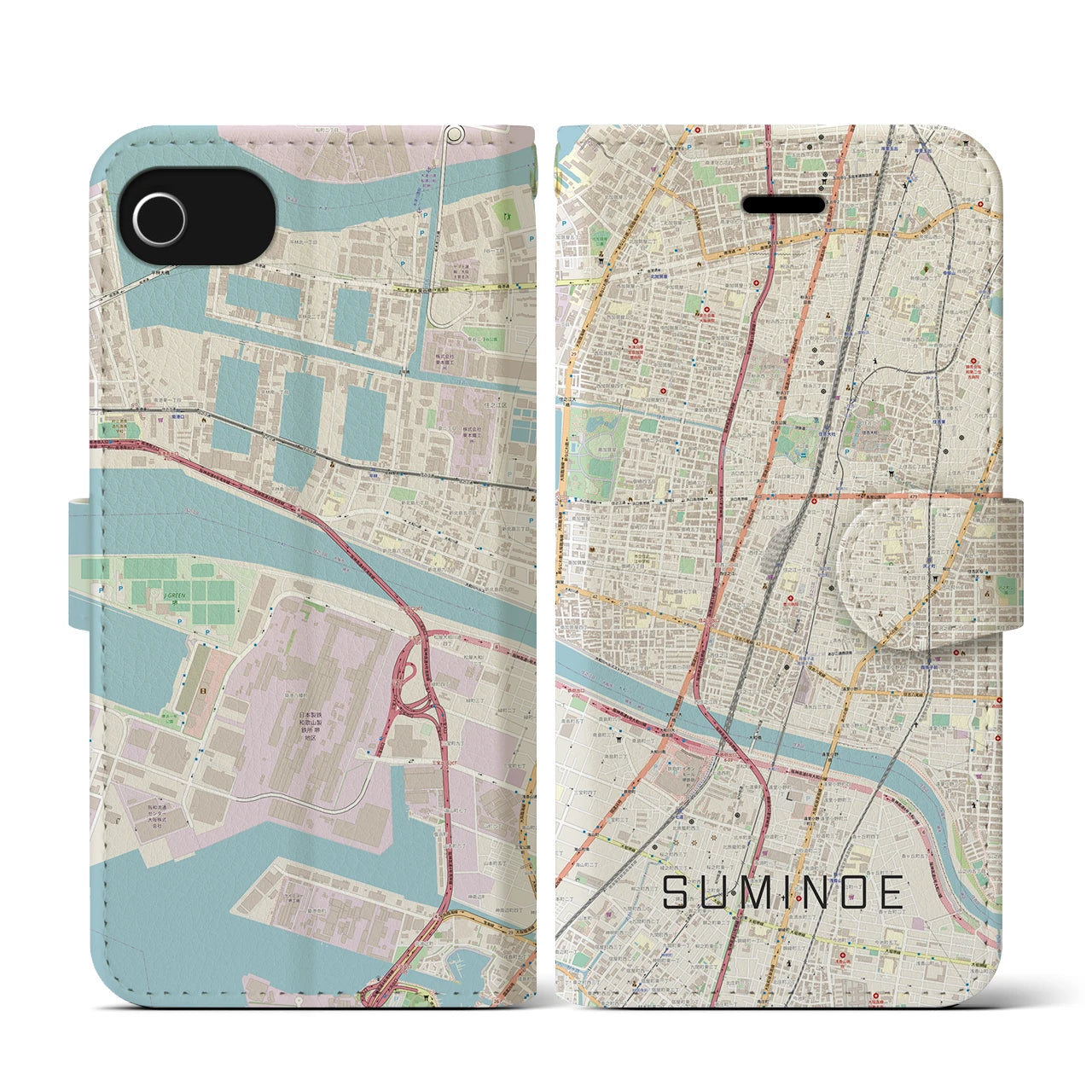 【住之江(大阪府)】地図柄iPhoneケース(手帳タイプ)ナチュラル・iPhone SE(第3 / 第2世代) / 8 / 7 / 6s / 6 用