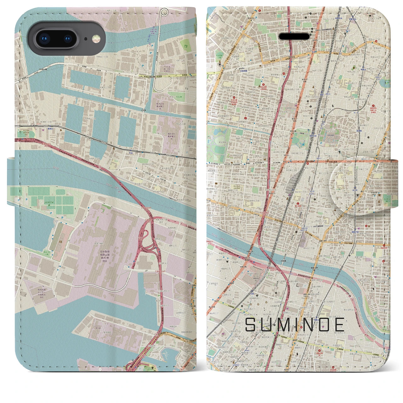 【住之江(大阪府)】地図柄iPhoneケース(手帳タイプ)ナチュラル・iPhone 8Plus /7Plus / 6sPlus / 6Plus 用
