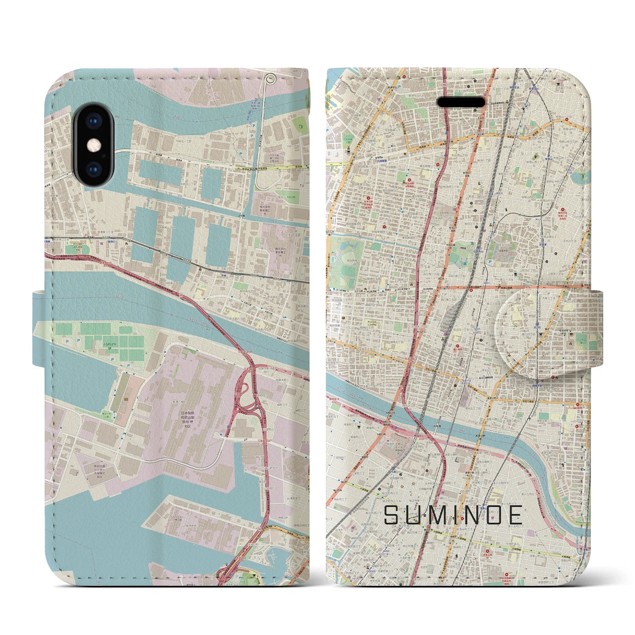【住之江(大阪府)】地図柄iPhoneケース(手帳タイプ)ナチュラル・iPhone XS / X 用