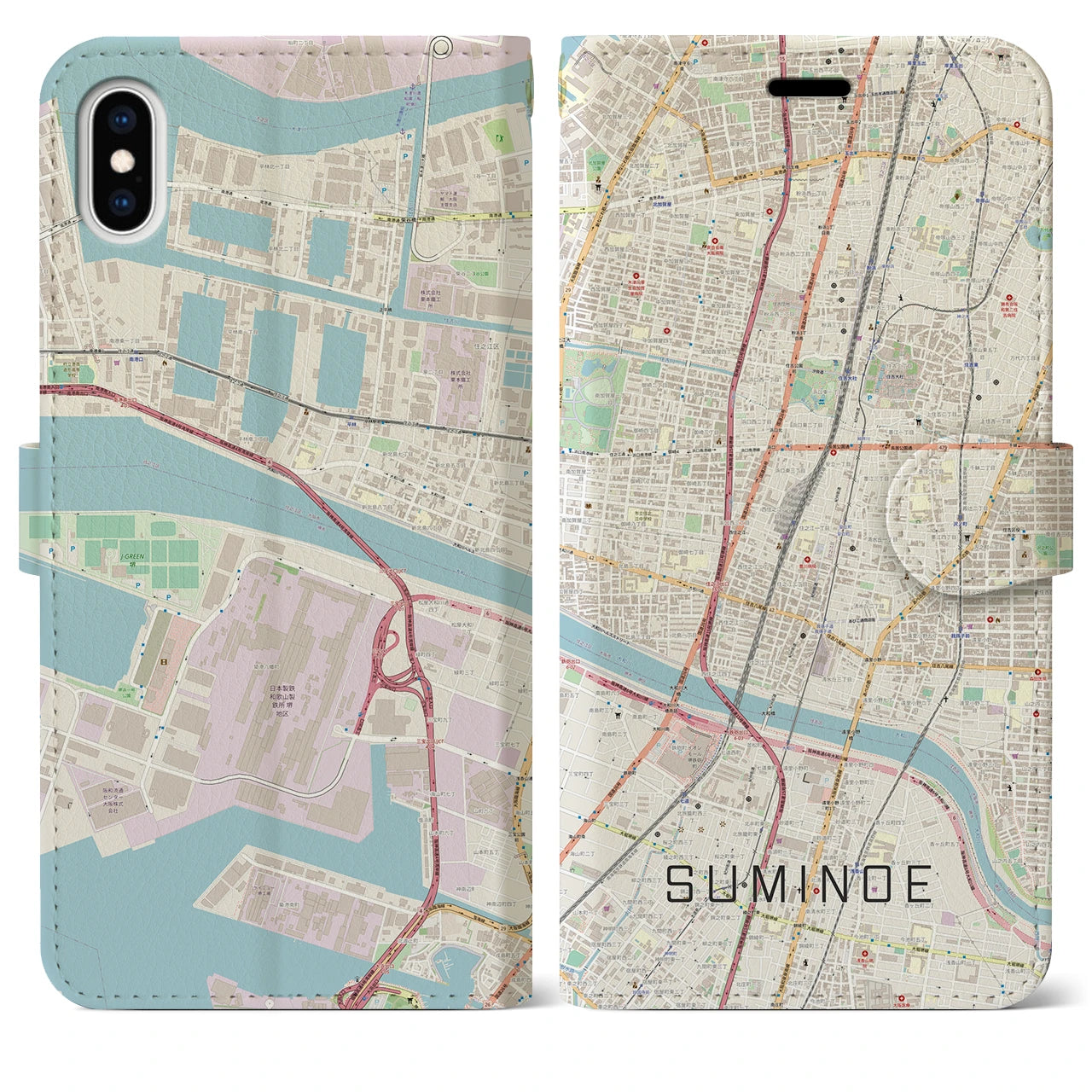 【住之江(大阪府)】地図柄iPhoneケース(手帳タイプ)ナチュラル・iPhone XS Max 用