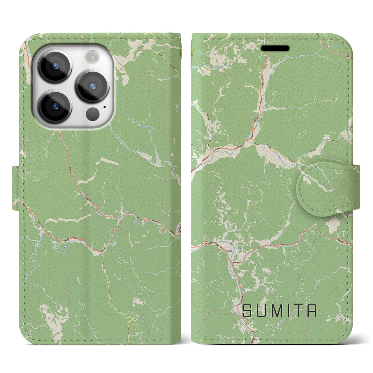 【住田(岩手県)】地図柄iPhoneケース(手帳タイプ)ナチュラル・iPhone 14 Pro 用