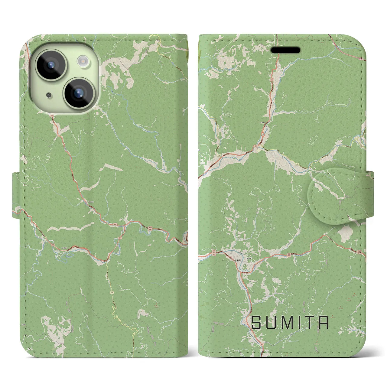 【住田(岩手県)】地図柄iPhoneケース(手帳タイプ)ナチュラル・iPhone 15 用