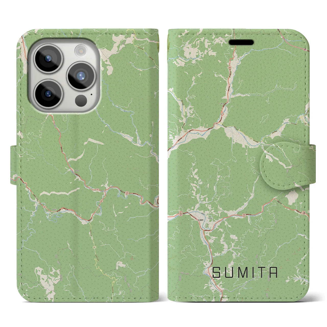 【住田(岩手県)】地図柄iPhoneケース(手帳タイプ)ナチュラル・iPhone 15 Pro 用