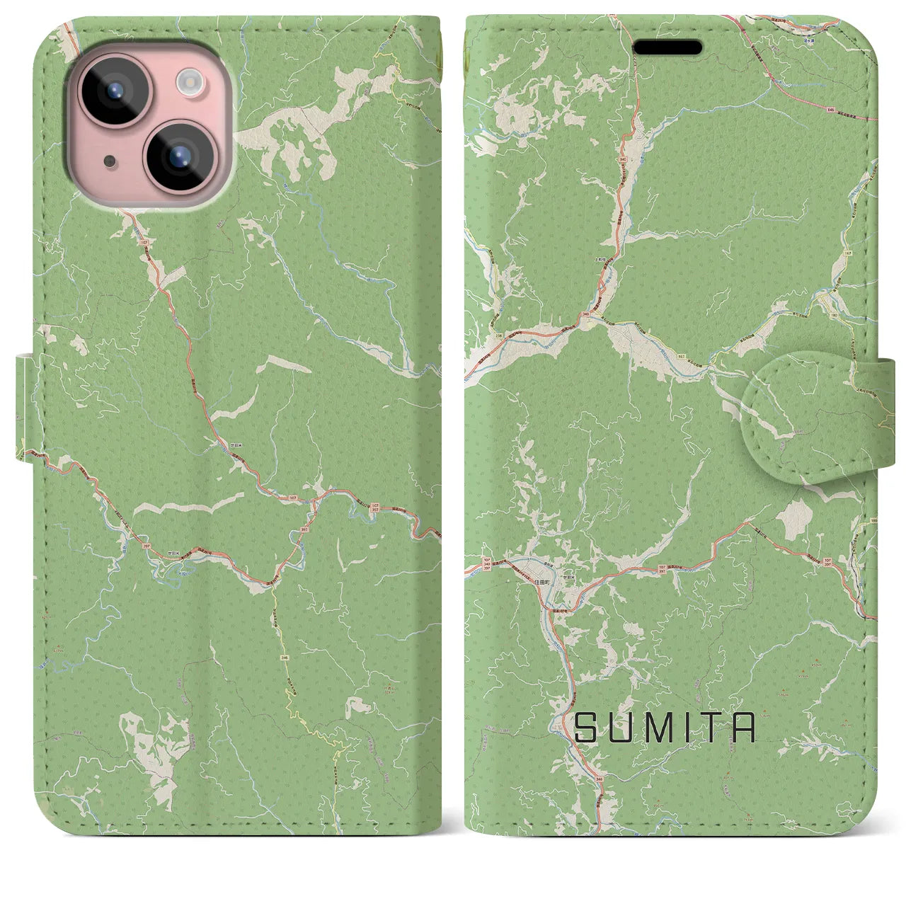 【住田(岩手県)】地図柄iPhoneケース(手帳タイプ)ナチュラル・iPhone 15 Plus 用