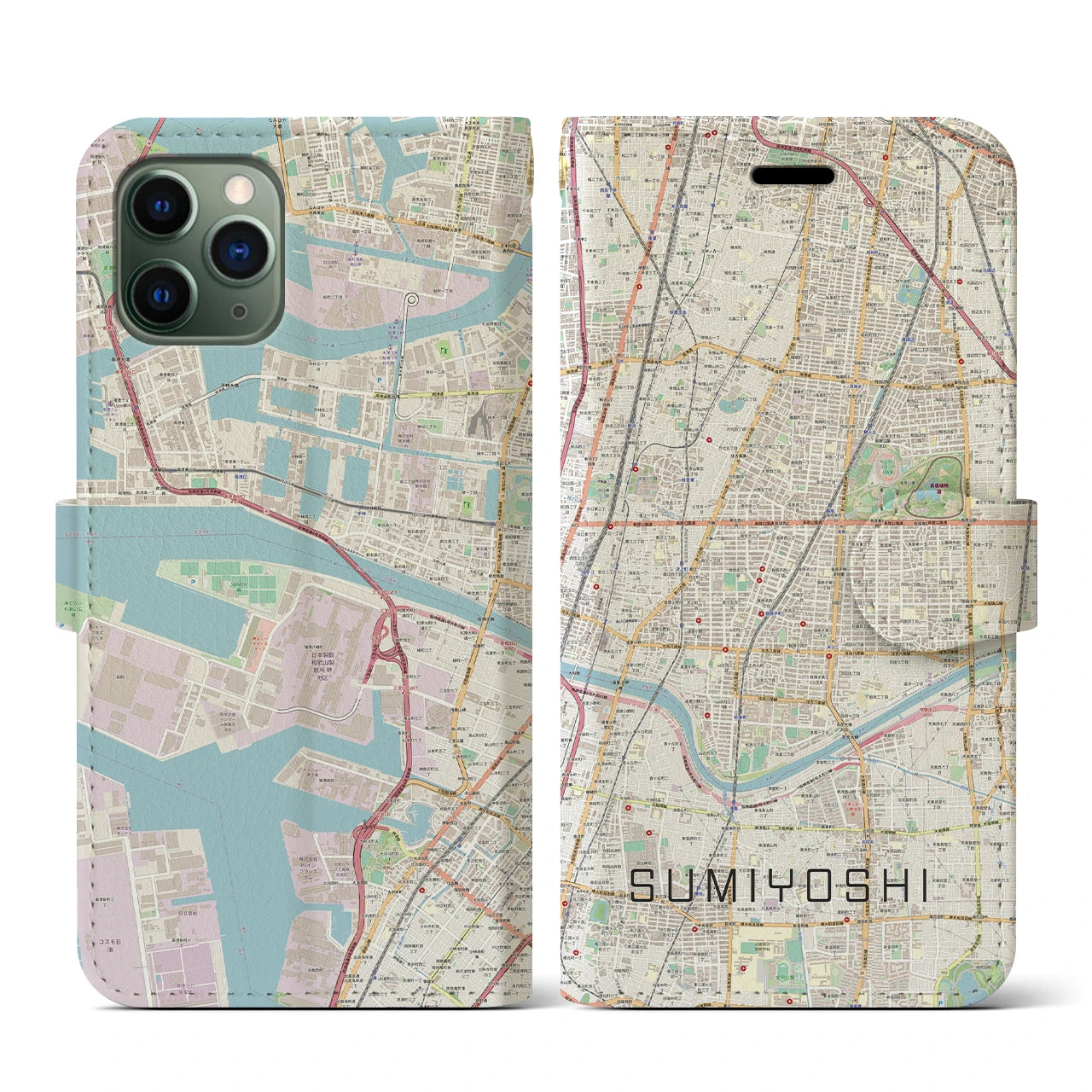 【住吉(大阪府)】地図柄iPhoneケース(手帳タイプ)ナチュラル・iPhone 11 Pro 用