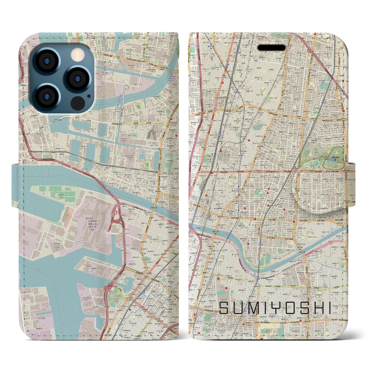 【住吉(大阪府)】地図柄iPhoneケース(手帳タイプ)ナチュラル・iPhone 12 / 12 Pro 用