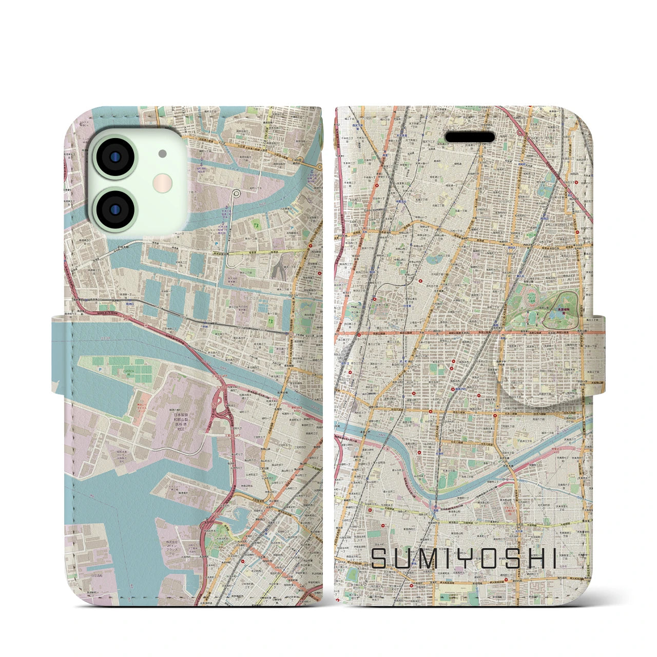 【住吉(大阪府)】地図柄iPhoneケース(手帳タイプ)ナチュラル・iPhone 12 mini 用