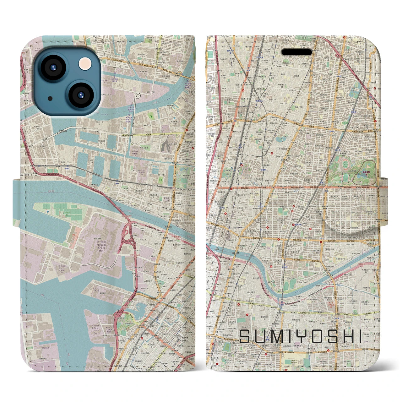 【住吉(大阪府)】地図柄iPhoneケース(手帳タイプ)ナチュラル・iPhone 13 用
