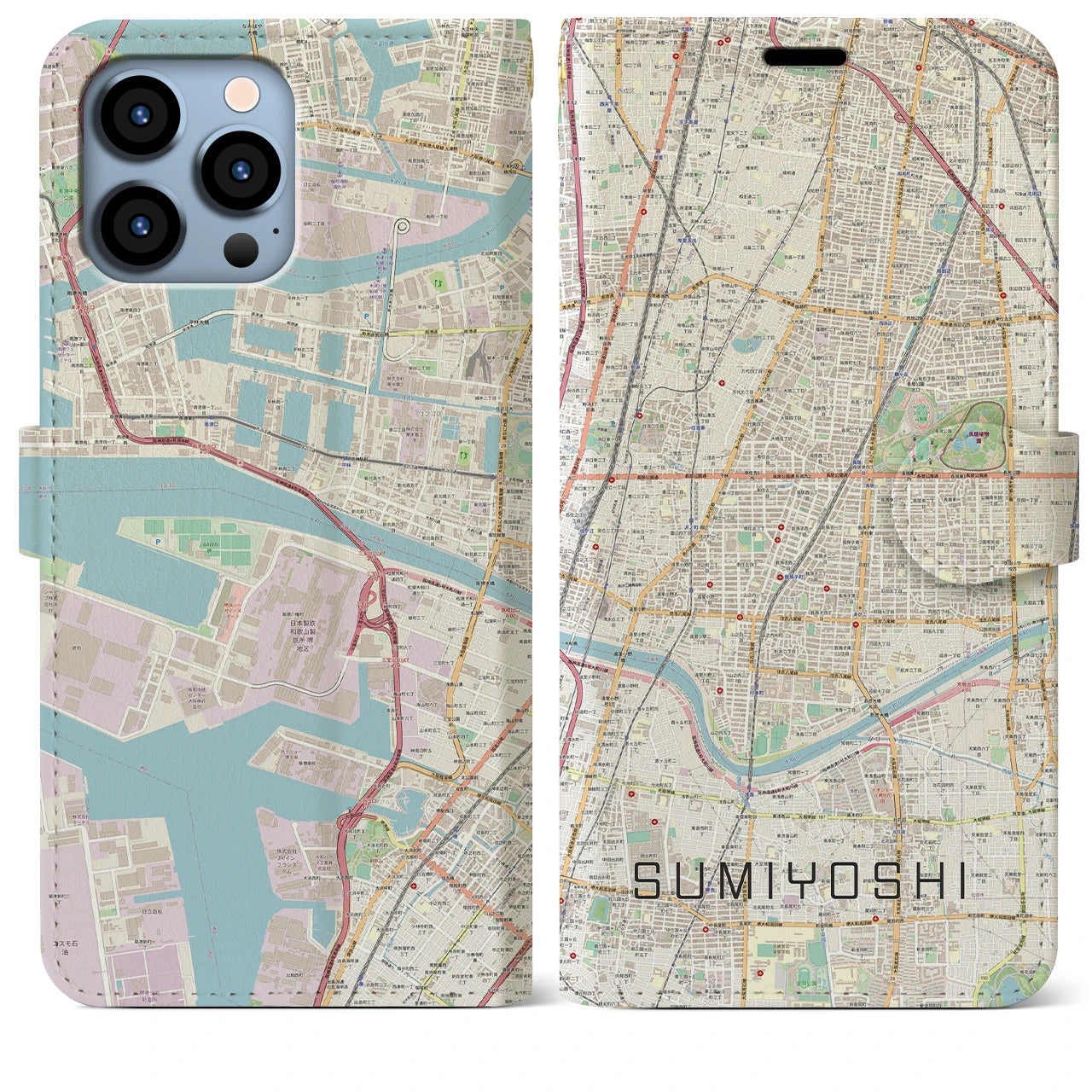 【住吉(大阪府)】地図柄iPhoneケース(手帳タイプ)ナチュラル・iPhone 13 Pro Max 用