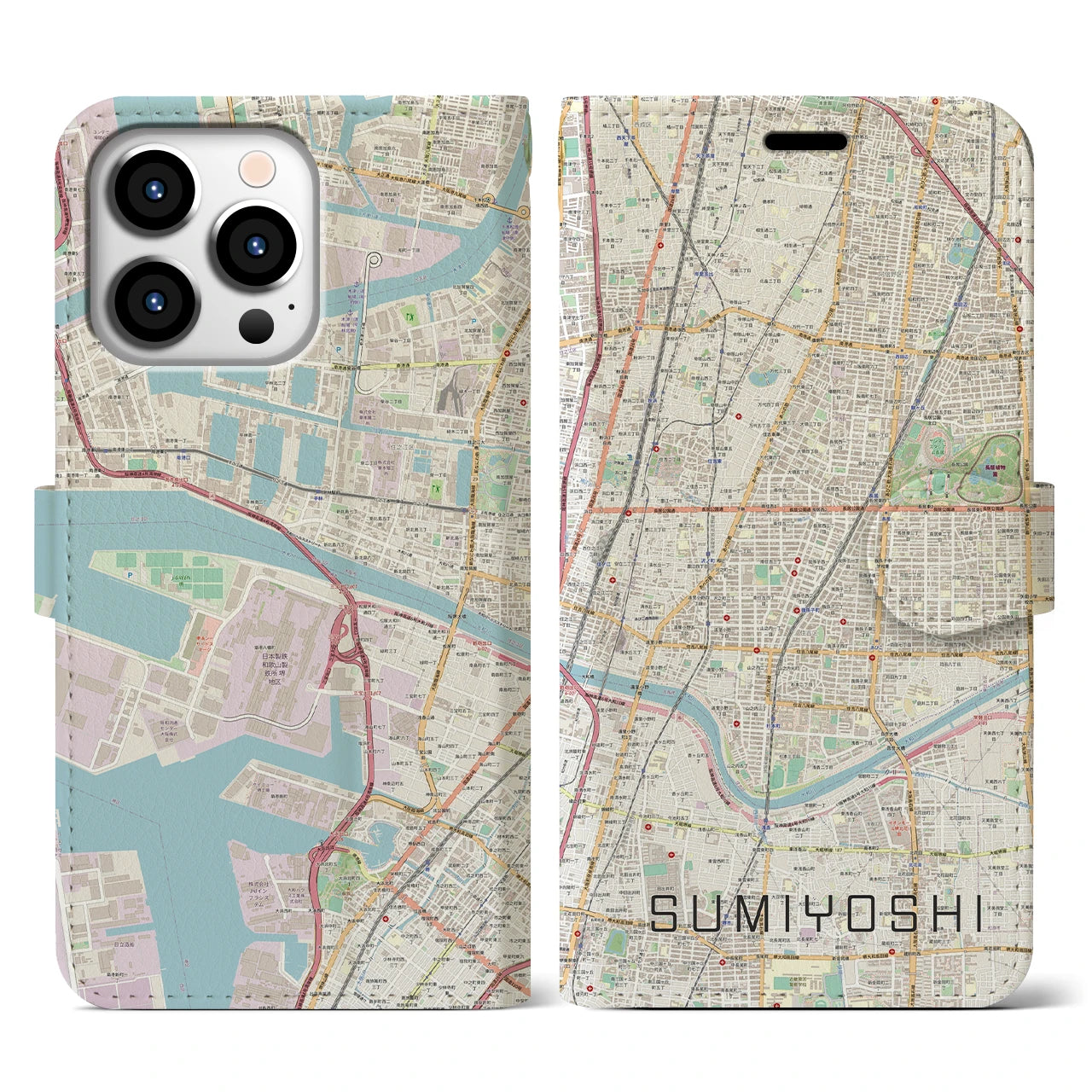 【住吉(大阪府)】地図柄iPhoneケース(手帳タイプ)ナチュラル・iPhone 13 Pro 用