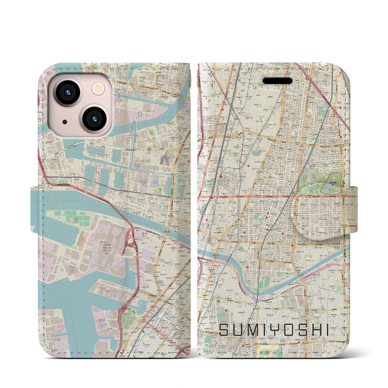【住吉(大阪府)】地図柄iPhoneケース(手帳タイプ)ナチュラル・iPhone 13 mini 用