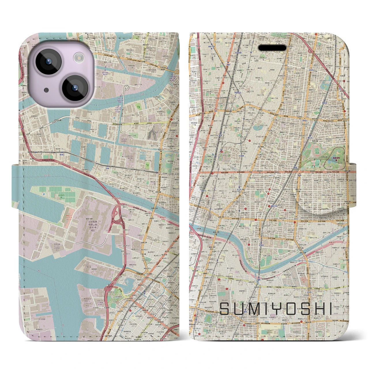 【住吉(大阪府)】地図柄iPhoneケース(手帳タイプ)ナチュラル・iPhone 14 用