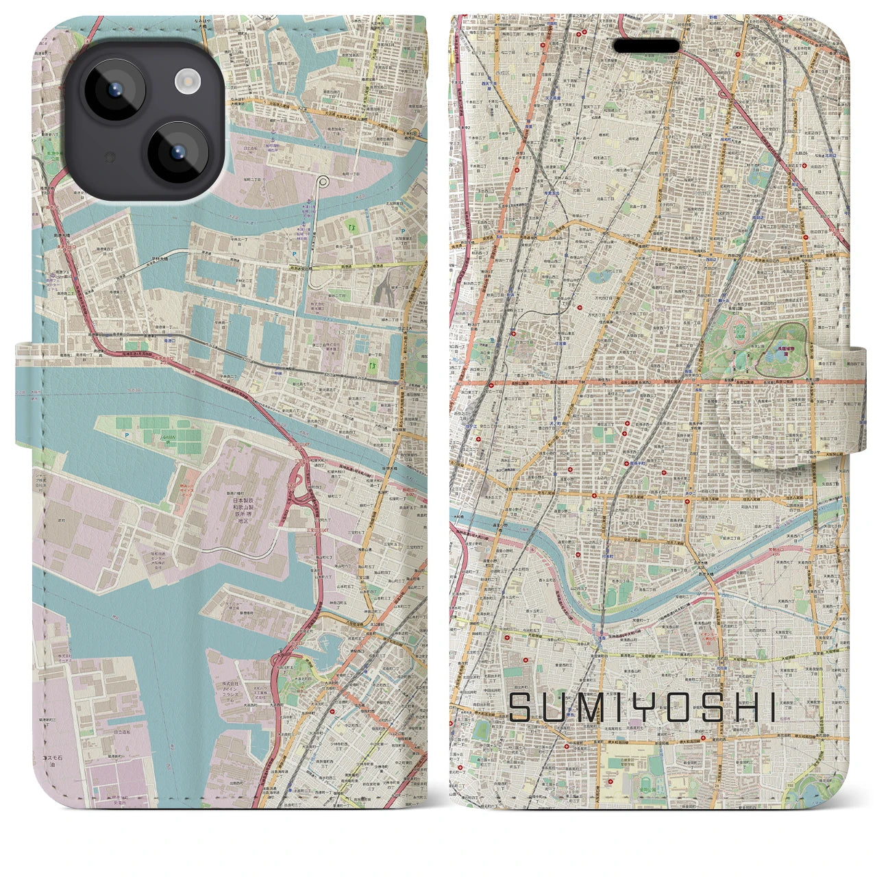 【住吉(大阪府)】地図柄iPhoneケース(手帳タイプ)ナチュラル・iPhone 14 Plus 用