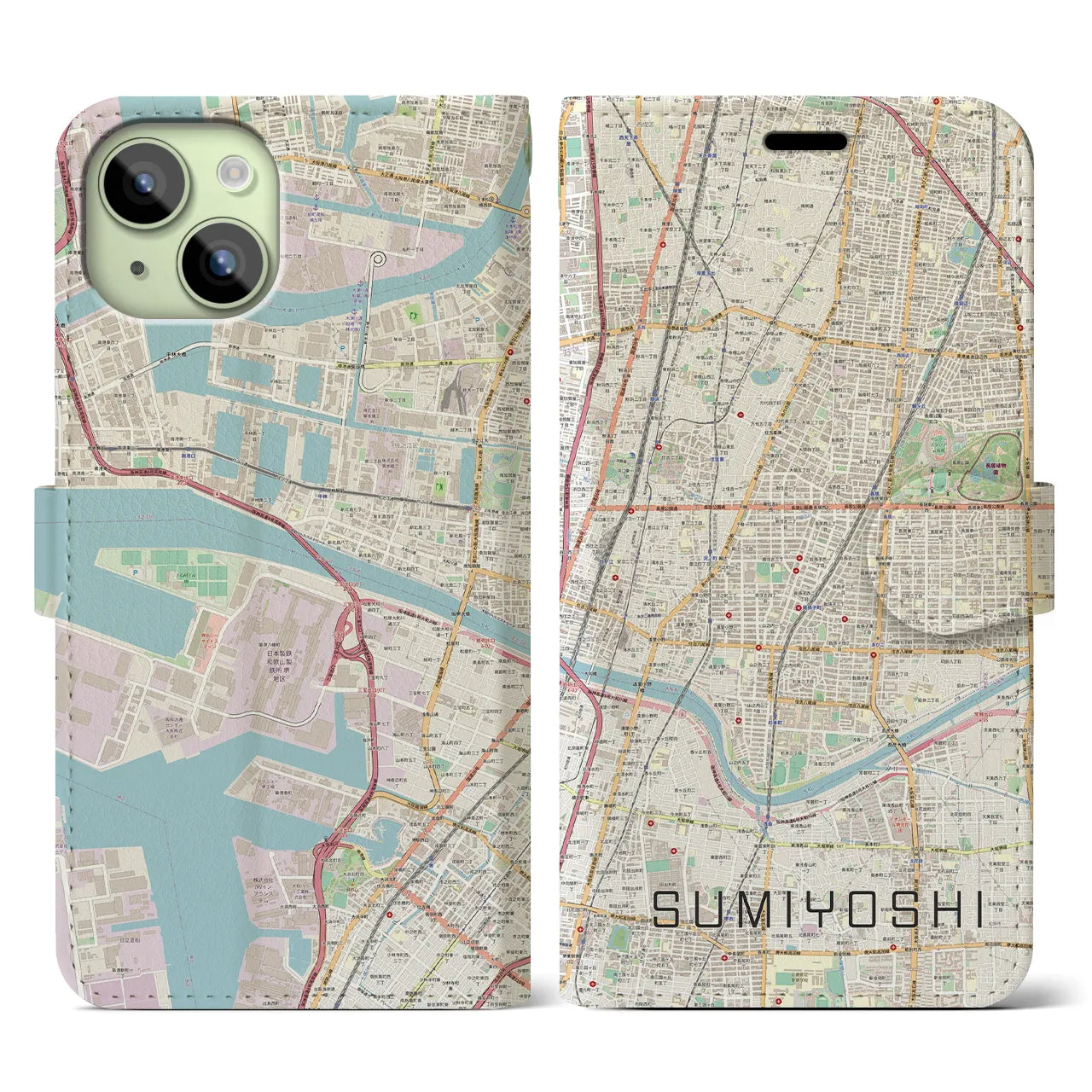 【住吉(大阪府)】地図柄iPhoneケース(手帳タイプ)ナチュラル・iPhone 15 用