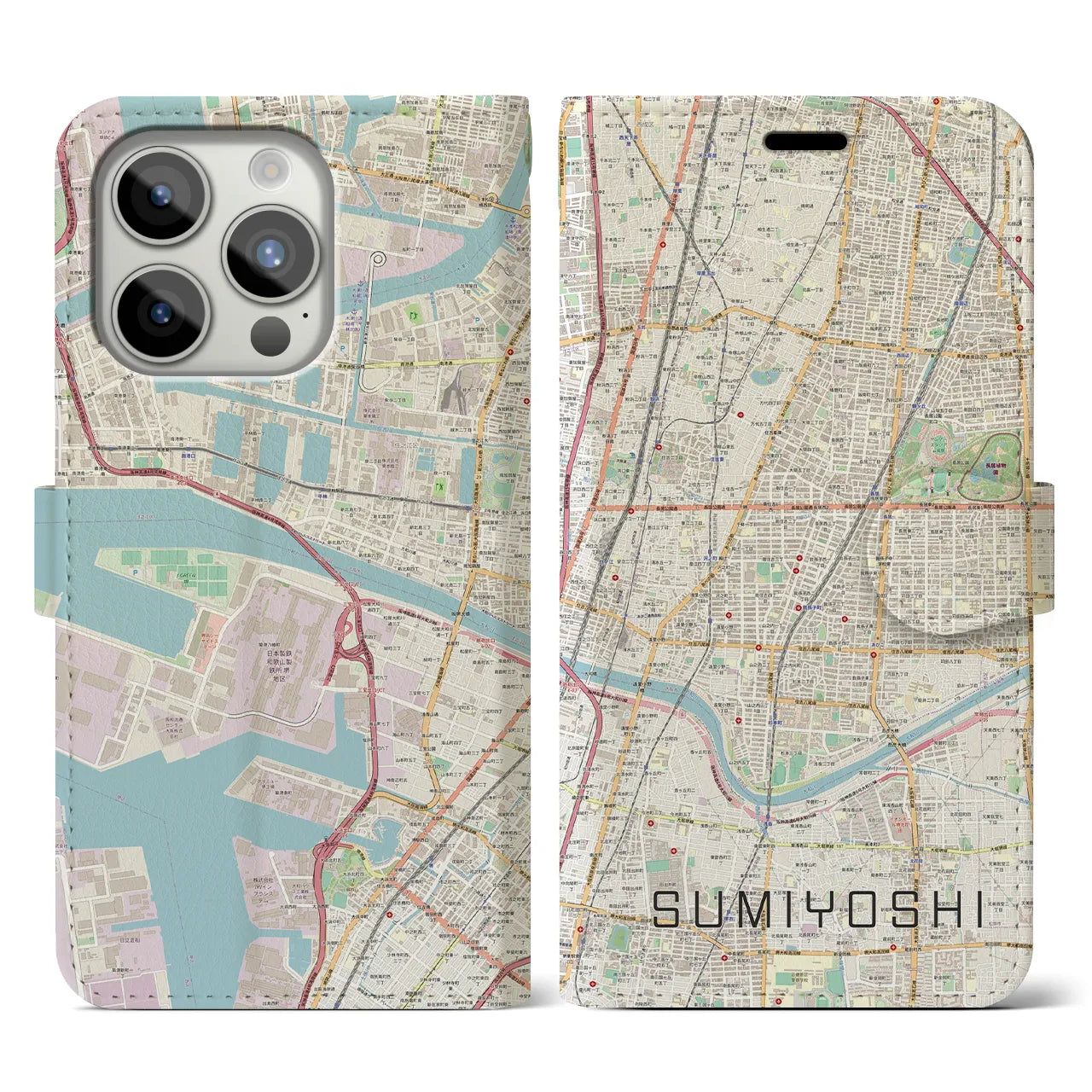 【住吉(大阪府)】地図柄iPhoneケース(手帳タイプ)ナチュラル・iPhone 15 Pro 用