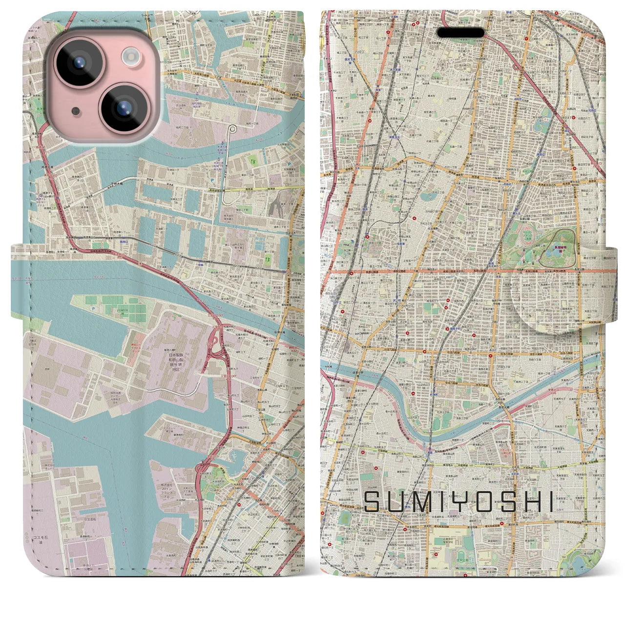 【住吉(大阪府)】地図柄iPhoneケース(手帳タイプ)ナチュラル・iPhone 15 Plus 用